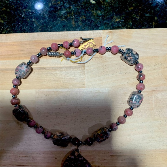 NEW - OPAQUE RHODONITE ENHANCER WITH BEADED 18” NECKLACE with (.925) STERLING - Picture 2 of 7